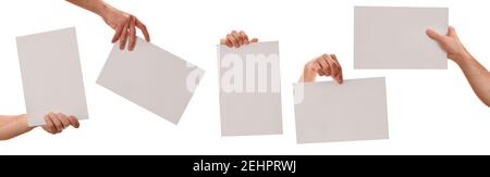 Set of five hands holding a white sheet a4 in different positions with white isolated background Stock Photo