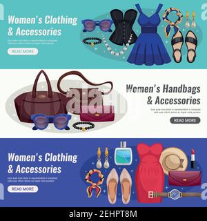 Three colored women accessories horizontal banner set with different types of cloth and accessories and read more buttons vector illustration Stock Vector