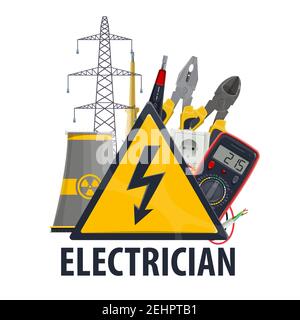 Electrician professional equipment and tools, vector nuclear power plant, ammeter and lightbulb lamp with plug socket, electric wire and cables, power Stock Vector