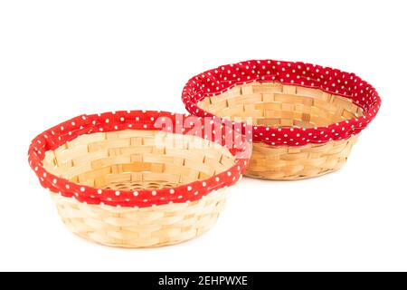 Two empty wicker baskets isolated on white background. Stock Photo