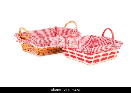 Two empty wicker baskets isolated on white background. Stock Photo