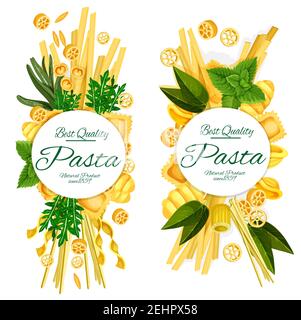 Italian pasta posters of best quality spaghetti, ravioli or penne and funghetto macaroni. Vector design for Italy restaurant or cooking recipe for far Stock Vector