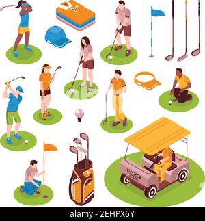 Golf isometric icons set with equipment symbols isolated vector illustration Stock Vector