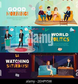 Cartoon set of three colorful horizontal banners presenting scenes from different talk shows isolated vector illustration Stock Vector