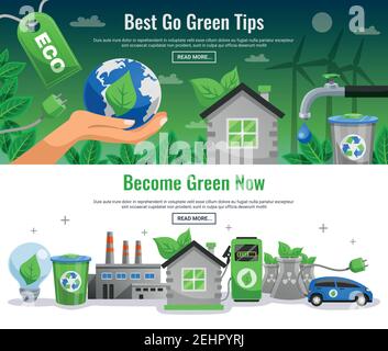 Two ecology banner set with best to green tips become green now headlines and read more buttons vector illustration Stock Vector