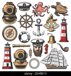 Nautical symbols and marine sailing or seafarer icons. Vector ship navigation equipment, frigate sail, anchor and helm, turtle, beacon, octopus, capta Stock Vector