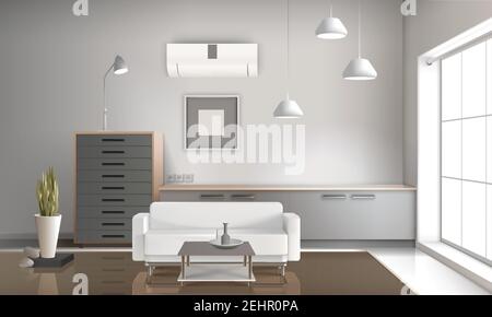 Realistic sitting room interior 3d design with hanging lamps, furniture, conditioner on wall glossy floor vector illustration Stock Vector