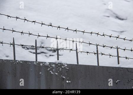 Barbed wire on the fence against light background in the winter  cloudy day Stock Photo