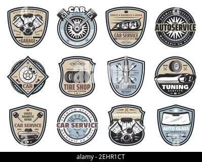 Car repair service badges with auto spare part icons. Vehicle engine, spanner and wheel, tire, piston and spark plug on vintage shields. Mechanic gara Stock Vector