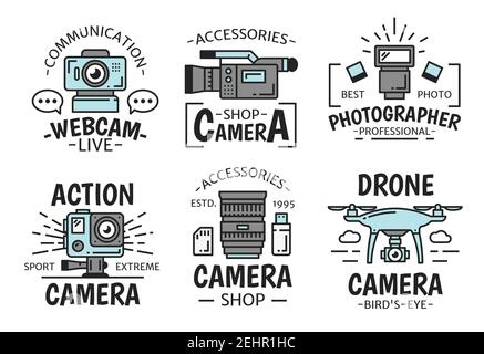 Video and photo camera technology equipment and devices. Digital, video and action camera, drone, webcam, lens and photographer accessories tsymbols. Stock Vector