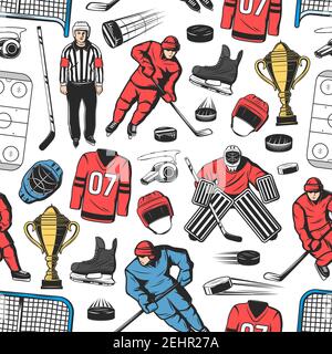 Ice hockey seamless pattern background with players on rink. Forward with puck, stick and skate, helmet, gate and goalkeeper, whistle, goalie mask and Stock Vector