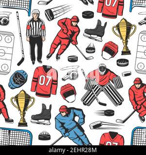Ice hockey seamless pattern background with players on rink. Forward with puck, stick and skate, helmet, gate and goalkeeper, whistle, goalie mask and Stock Vector