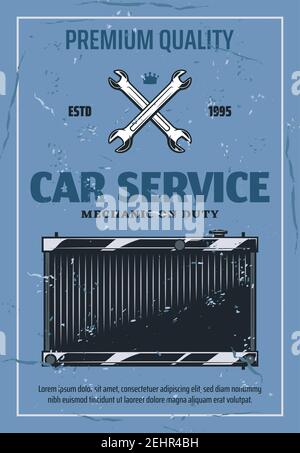 Car radiator service banner with repair tools. Auto engine cooling system vintage poster with vehicle radiator, spanner and wrench. Mechanic garage st Stock Vector