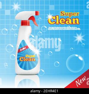 Detergent bottles realistic composition of cleaning product package with bubbles bathroom wall tiles and editable text vector illustration Stock Vector