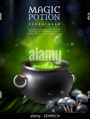 Magic potion background with black potty and green steaming hebenon boiling away with toadstool mushroom images vector illustration Stock Vector