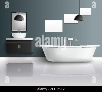 Bathroom furniture interior realistic composition with modern bathroom fixtures sink mirrors and decor elements with reflexions vector illustration Stock Vector