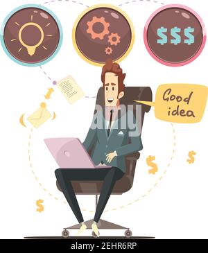Successful business project manager in office armchair with good ideas bubbles icons retro cartoon poster vector illustration Stock Vector