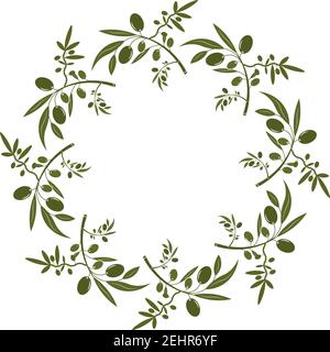 Olive wreath with berries and leaves. Hand drawn floral vector border with olive fruit and tree branches with leaves isolated on a white background. F Stock Vector