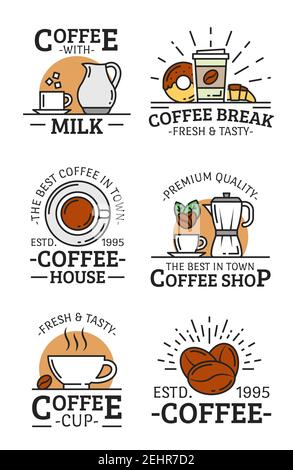 Coffee cup, mug and beans, milk jug, croissant and donut, sugar and coffee pot vector linear icons. Coffee shop badge, cafe or restaurant emblem desig Stock Vector