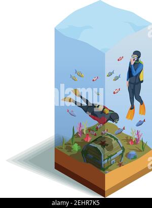 Scuba diving snorkelling isometric composition of two human characters in diving suits over the sea bottom vector illustration Stock Vector