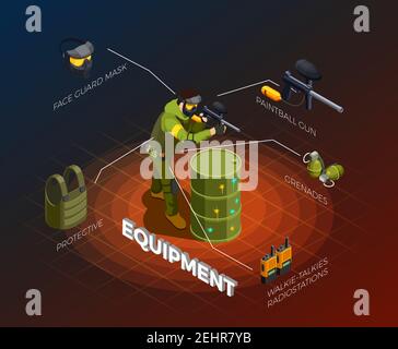 Paintball isometric composition of uniformed fighter character with gun and isolated elements of his ammunition vector illustration Stock Vector