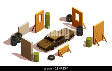Paintball isometric composition with burned-out car surrounded by barriers and pieces of scenery with shadows vector illustration Stock Vector