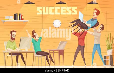Crowdfunding flat cartoon vector illustration with happy collective of coworkers in office interior celebrating investment of business project Stock Vector