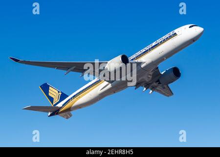Frankfurt, Germany - February 13, 2021: Singapore Airlines Airbus A350-900 airplane at Frankfurt Airport (FRA) in Germany. Stock Photo