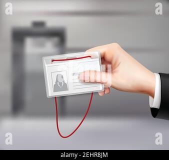 Business id card with red cord displayed in businessman hand closeup realistic image blurred background vector illustration Stock Vector