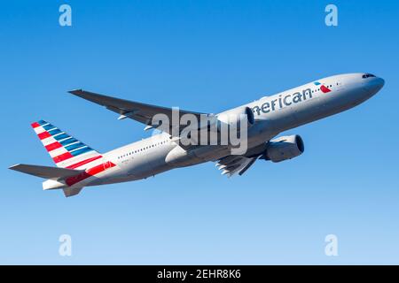 Frankfurt, Germany - February 13, 2021: American Airlines Boeing 777-300ER airplane at Frankfurt Airport (FRA) in Germany. Stock Photo