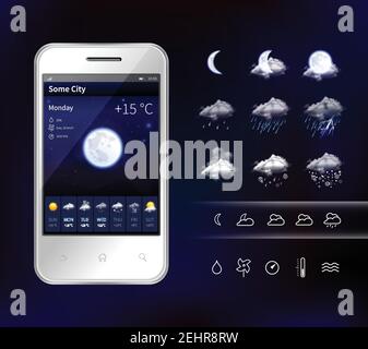 Smartphone weather app widgets with detailed hourly forecast accurate information service realistic image dark background vector illustration Stock Vector