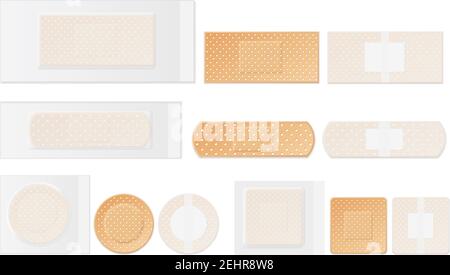 Medical plasters water resistant perforated plastic first aid adhesive tape round rectangular square realistic set isolated vector illustration Stock Vector