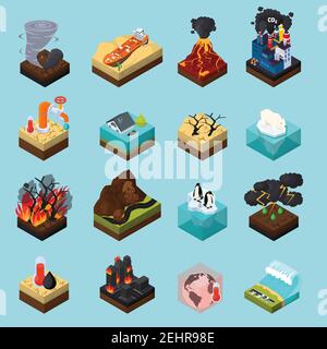 Global warming set of orthogonal isometric icons with climate changes on blue background isolated vector illustration Stock Vector
