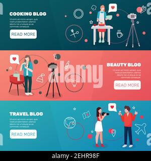 Bloggers people flat banners with human characters social web pictograms editable text and read more button vector illustration Stock Vector