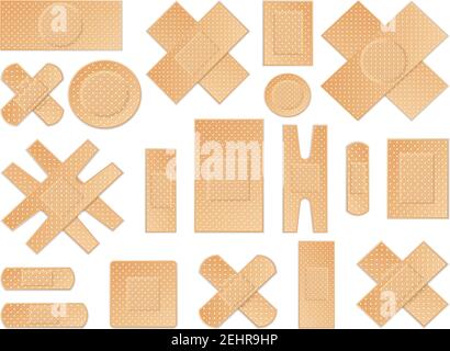 Universal medical antibacterial antiseptic breathable  plasters big set of various shapes and size tapes realistic isolated vector illustration Stock Vector
