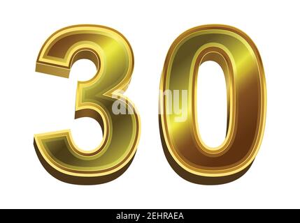 3d golden number 30 isolated on white background Stock Vector