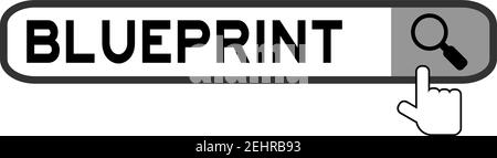 Hand icon over magnifier to find word blueprint in search banner on white background Stock Vector