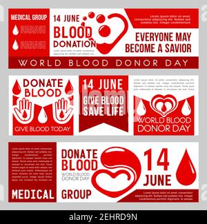 Blood donation banner set for World Blood Donor Day. Red drop of blood, heart and hand medical clinic information flyer for transfusion laboratory, do Stock Vector