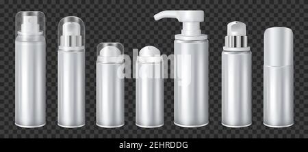 Aluminium liquid dispensers mockup aerosol deodorants and spray cans realistic set on dark transparent background vector illustration Stock Vector