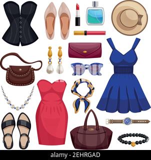 Colored and isolated women accessories icon set with clothes dress shoes handbags accessories and cosmetics vector illustration Stock Vector