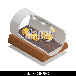 Finishing tunnel construction for highway isometric composition on white background 3d vector illustration Stock Vector