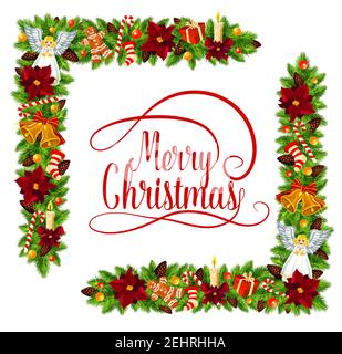 Merry Christmas wish lettering and holly wreath decoration frame of Xmas holiday angel ornament and poinsettia star. Vector golden bells, candles and Stock Vector