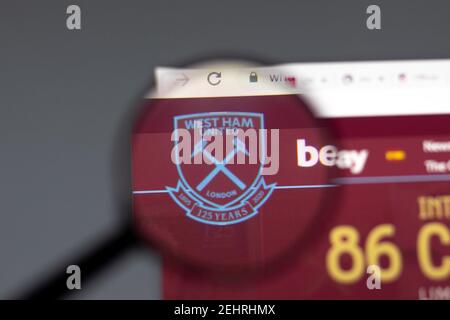 New York, USA - 15 February 2021: West Ham United website in browser with company logo, Illustrative Editorial Stock Photo