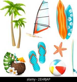 Summer surf vacation essentials colorful icons set with gear palms starfish fresh coconut cocktail isolated vector illustration Stock Vector