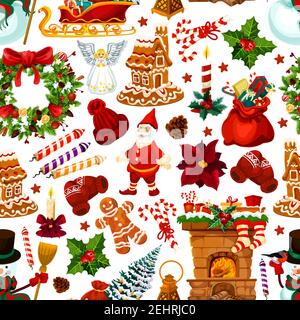 Christmas and New Year holiday seamless pattern background. Xmas tree and holly berry wreath, Santa gift, snowman and presents, candle, snowflake and Stock Vector