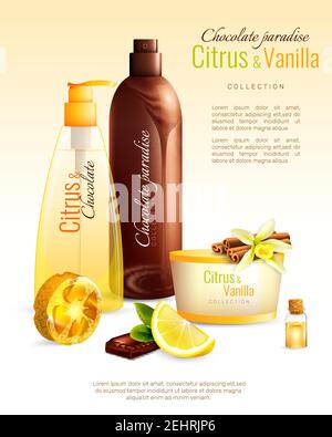 Handmade body cosmetics with nutritive ingredients including chocolate, citrus, vanilla and natural sponge ad poster vector illustration Stock Vector
