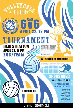 Volleyball game tournament poster. Vector volleyball ball and victory cup with wings and fire flame in laurel, referee whistle. Beach volley sport cha Stock Vector