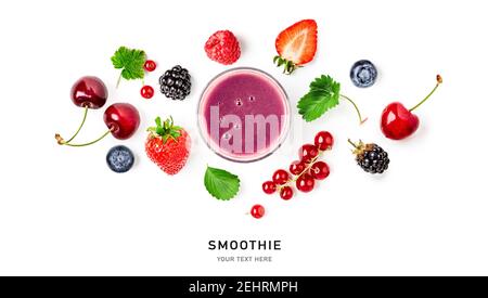 Smoothie, strawberry, blackberry, currant blueberry and raspberry creative layout on white background. Healthy eating and dieting food concept. Fresh Stock Photo