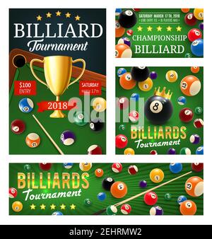 Pool billiards tournament poster, color balls and gold trophy cup, cue and holes in green table. Vector billiards championship tournament. Sport or ga Stock Vector