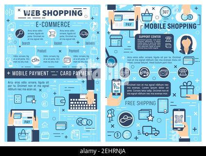 E-commerce and web shopping, online mobile trade and retail store purchase with delivery shipping. Vector consumer computer and smartphone application Stock Vector